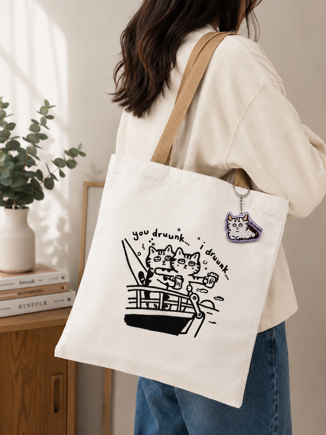 MOMO & Friends Tote Bag + Zodiac Cat Keychain Bundle